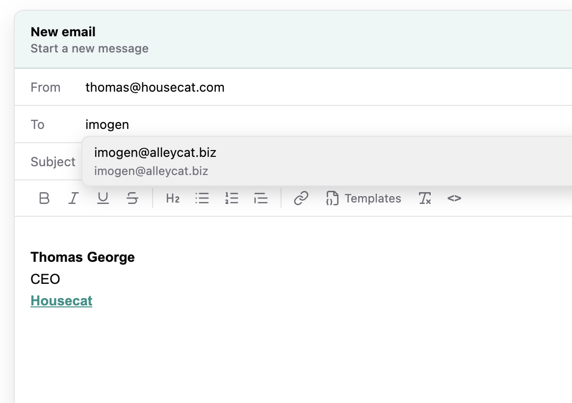 Email compose auto-complete suggesting a matching recipient address